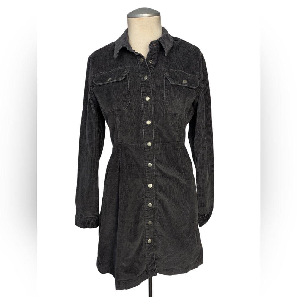 ASOS Denim Western Fitted Shirt Dress In Grey Cord - Picture 2 of 7
